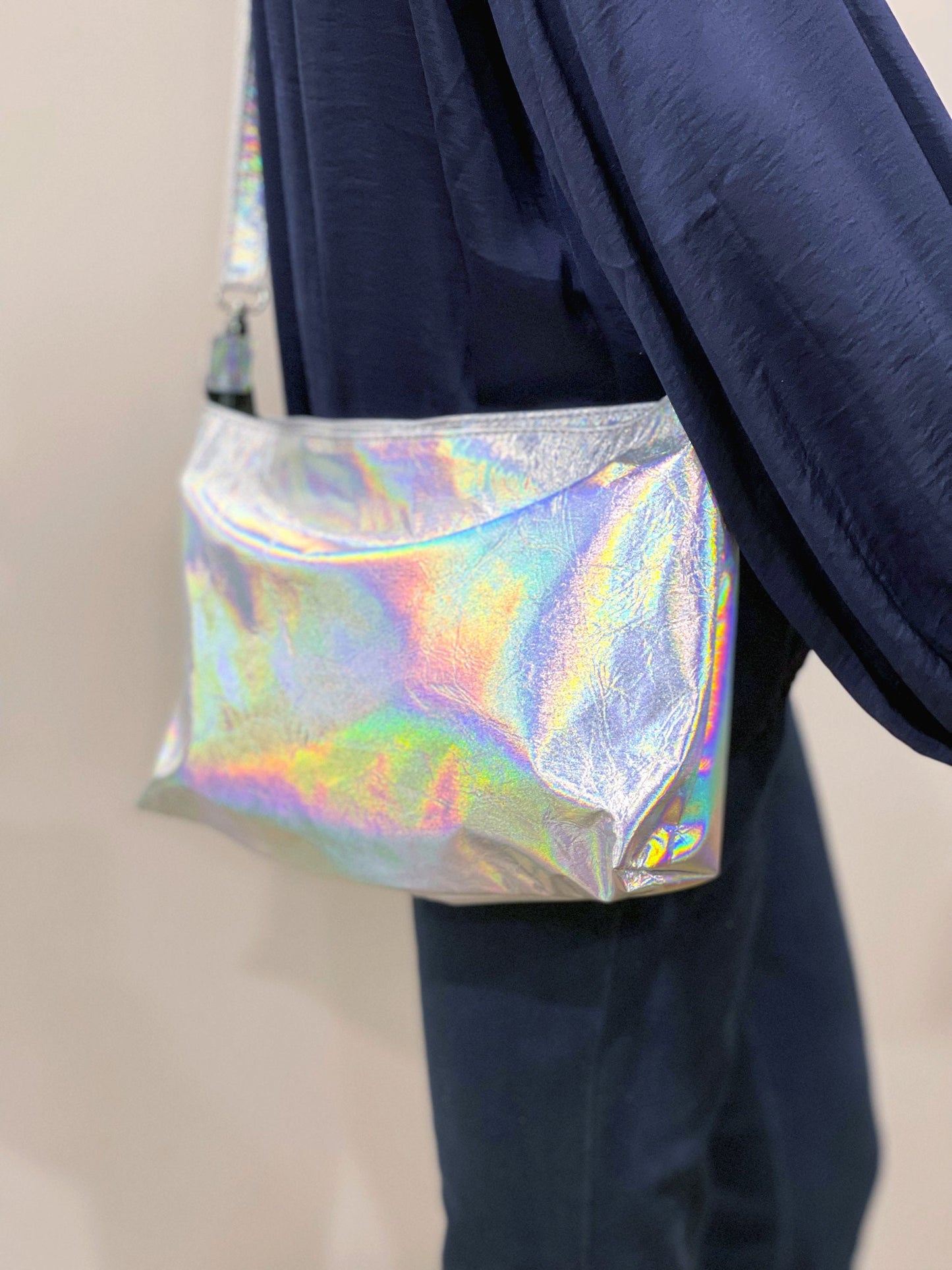 Smaller Holographic Silver crossbody bag, Italian holo leather