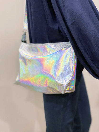 Smaller Holographic Silver crossbody bag, Italian holo leather