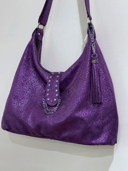 Metallic Purple Soft Italian Hobo, fine florentine design on surface, zip pockets