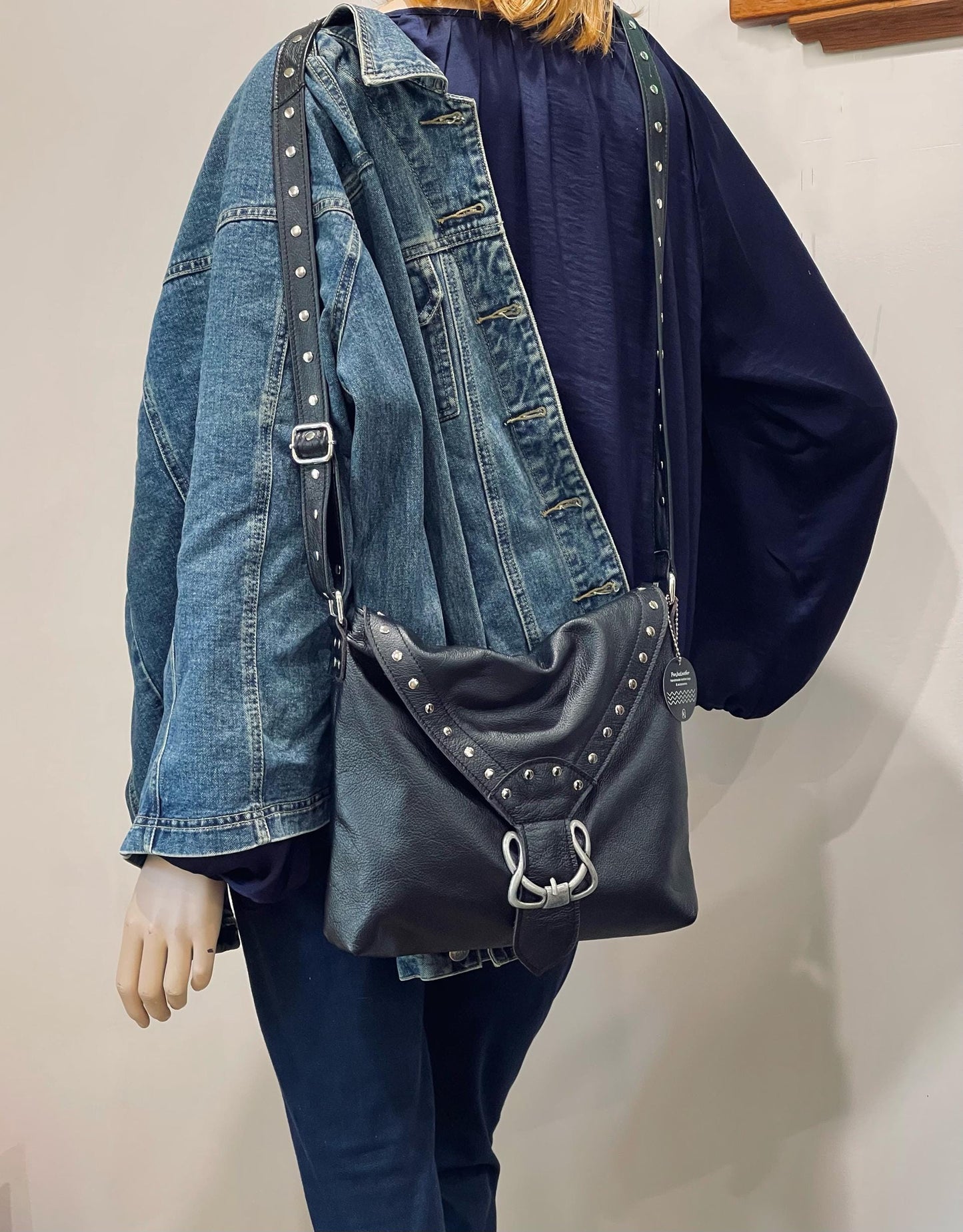 Black Celtic leather Crossbody bag with rivets