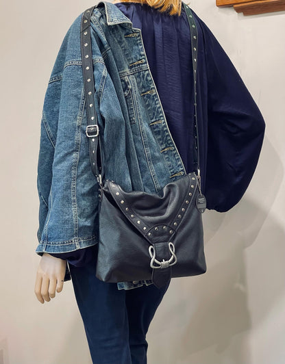 Black Celtic leather Crossbody bag with rivets