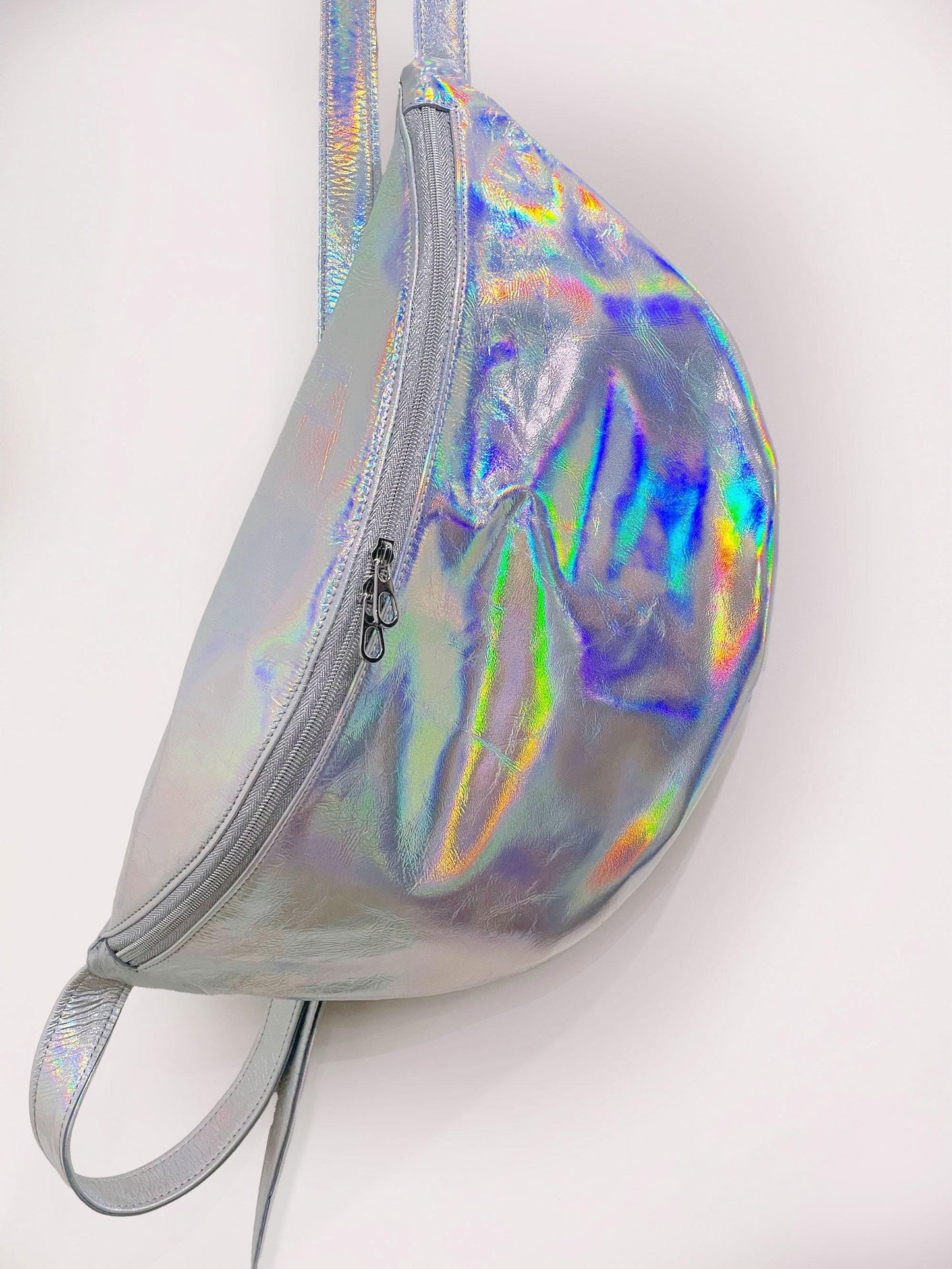 Holographic Pink Oversized Sling bag, travel bag, backpack, cycling bag, genuine leather