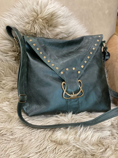 Deep green Celtic leather Crossbody bag with rivets
