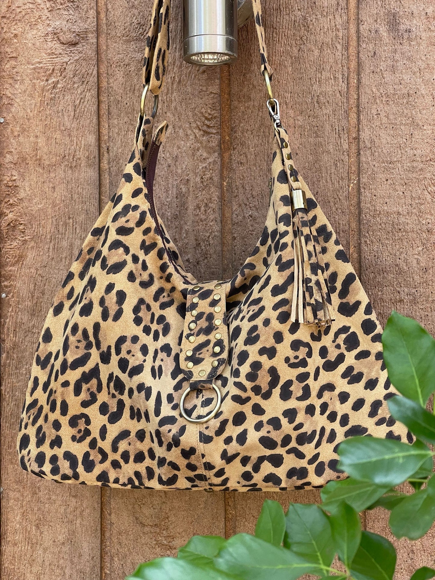 Leopard Print Leather Italian Hobo Bag, Suede surface
