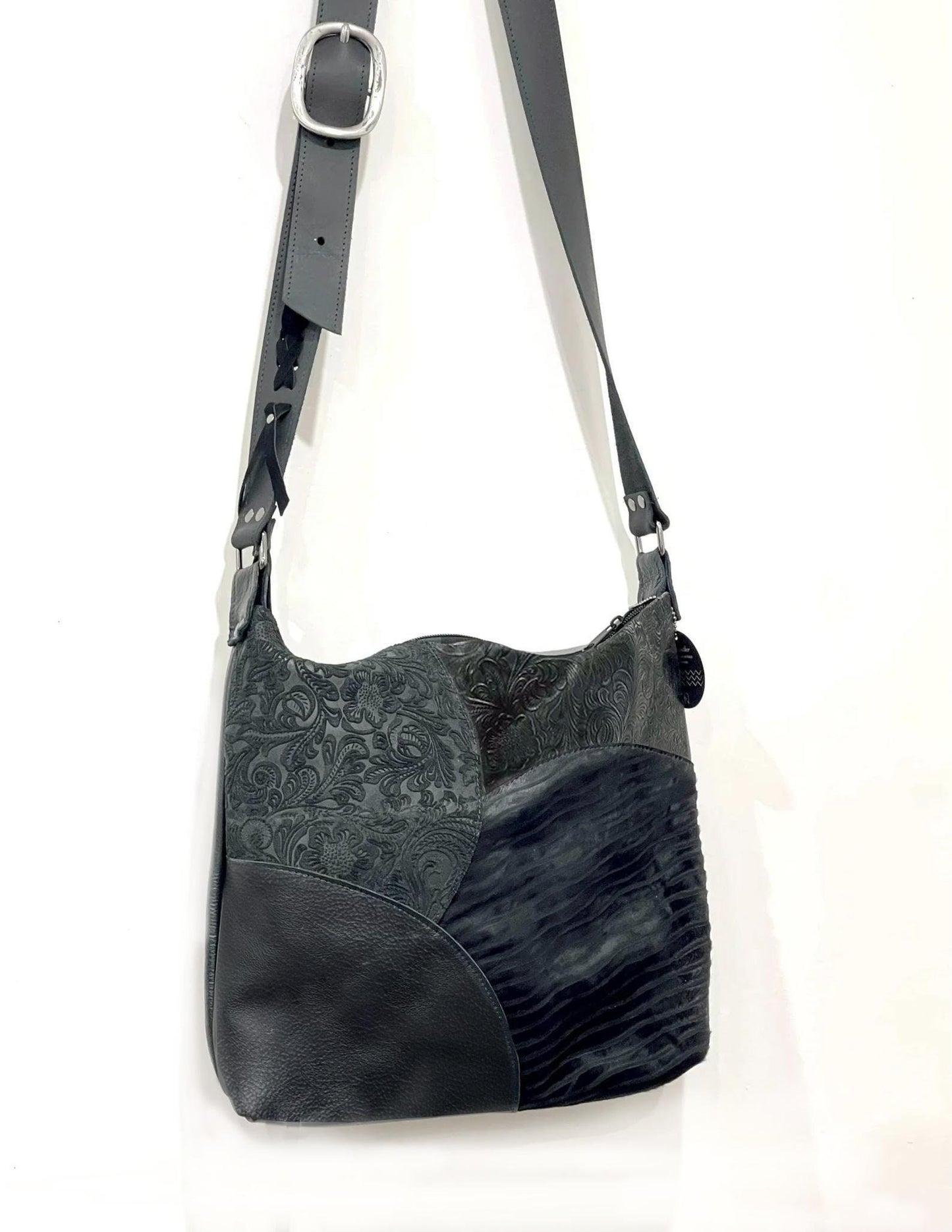 Black Tooled leather crossbody, Boheme artisan leather Bag