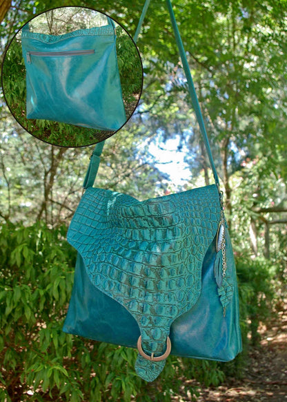 Teal leather crossbody, asymmetrical flap