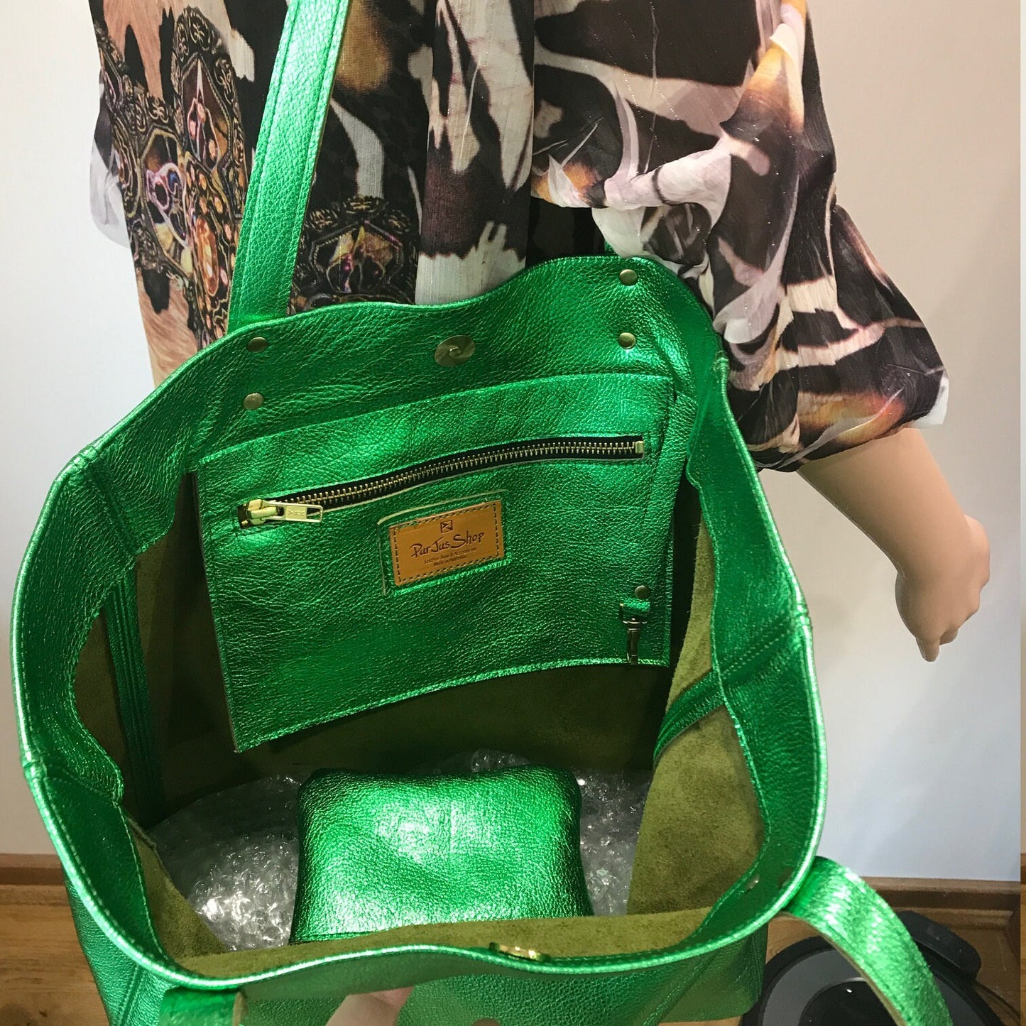 Emerald Green Metallic Leather Tote, free leather purse