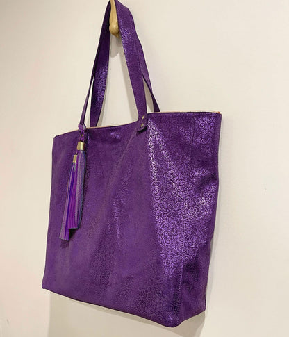 Metallic purple Tote, soft Florentine Italian print metallic leather, free zipper purse