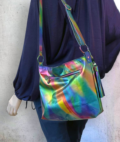 Multi colour Rainbow Aurora Borealis leather crossbody bag