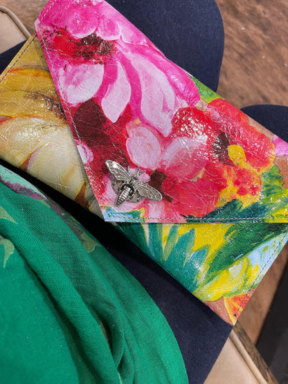 Bright clutch leather wristlet, painted abstract garden, summer leather purse, detachable wristlet