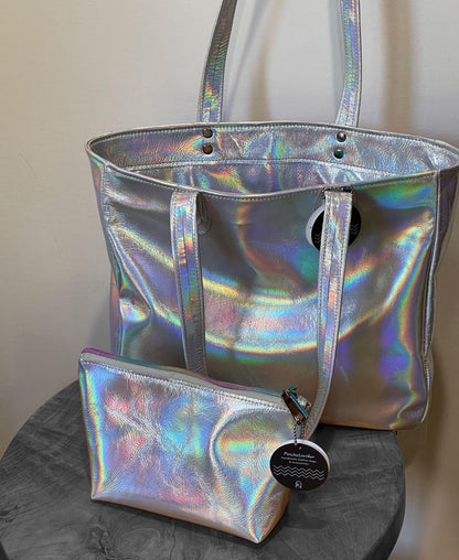 Holographic iridescent silver Leather makeup purse, lined cosmetic purse