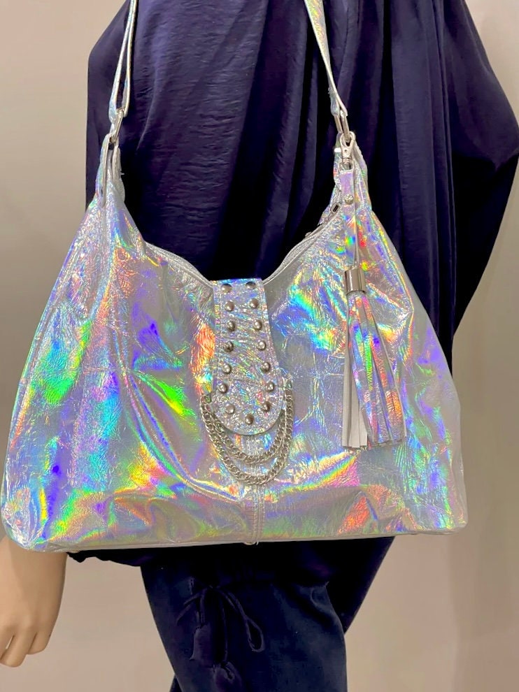 Holographic Leather Hobo, iridescent silver Italian premium leather