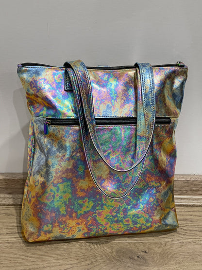 Metallic Oil Slick leather backpack and tote, FREE purse