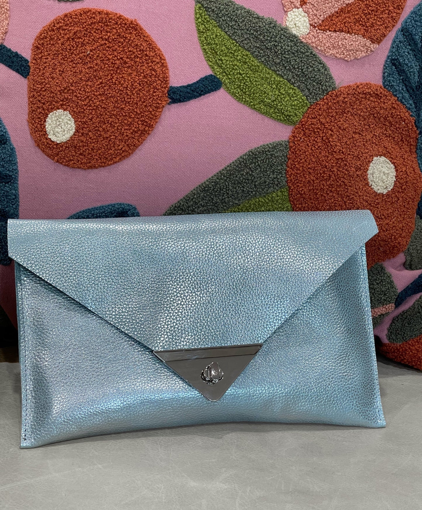 Light iridescent blue and Silver Metallic Leather clutch