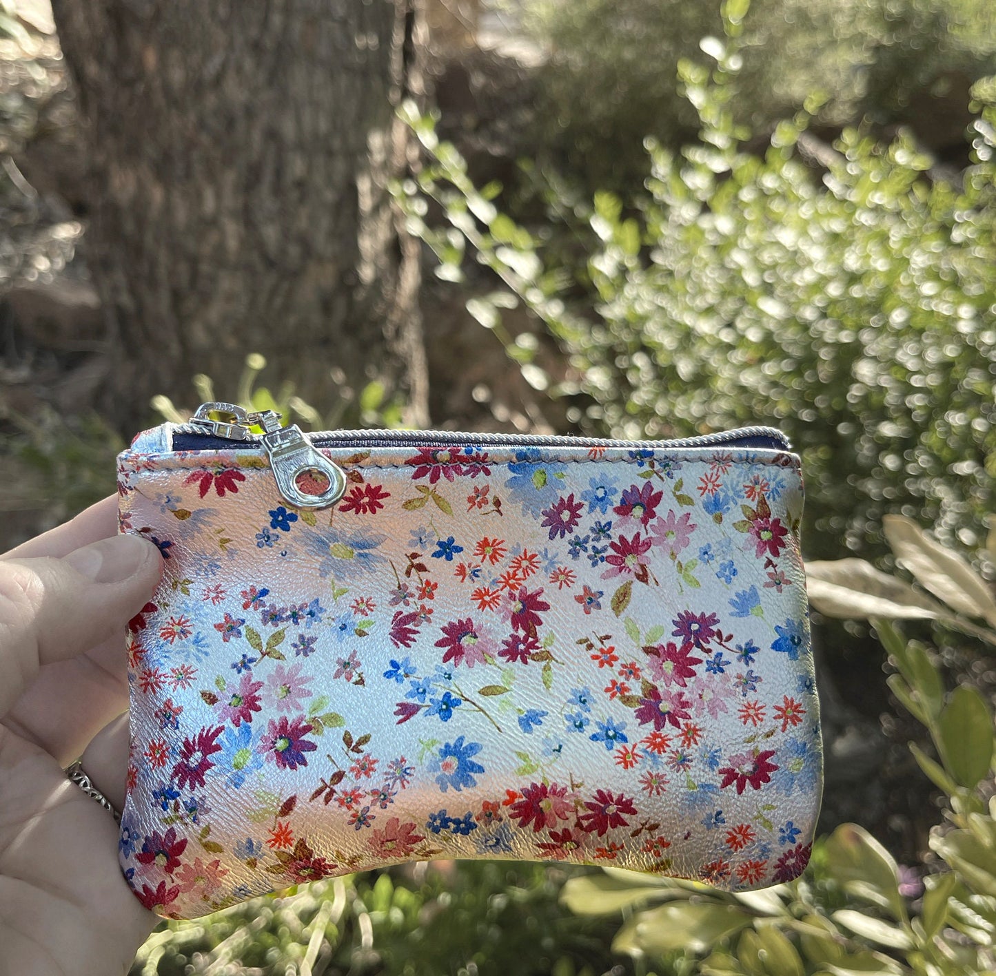 Metallic ditsy floral coin purse, small print on silver leather gift idea