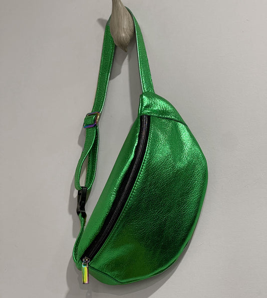 Metallic Green Leather hip bag, Soft unlined waist bag