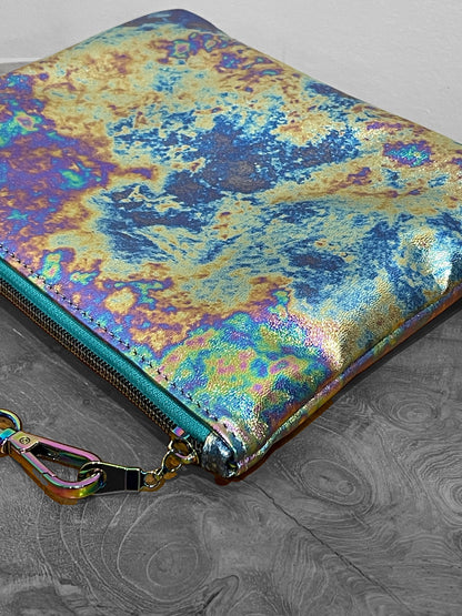 Metallic Oil slick Leather Zipper Wristlet or crossbody