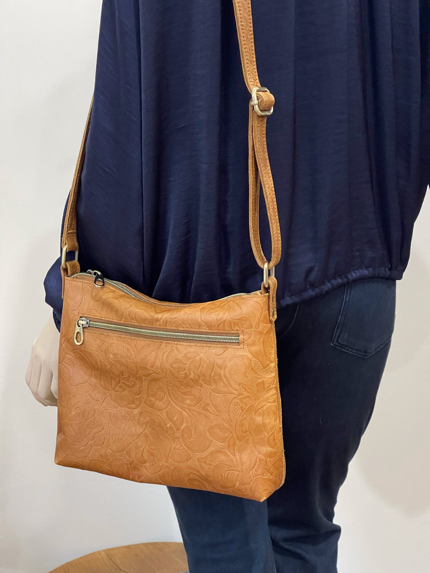 Tooled Natural Tan Leather Rustic Crossbody Bag, Embossed Floral IN STOCK