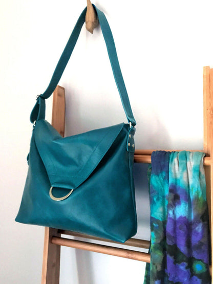 Teal leather shoulder or crossbody bag, deep teal leather