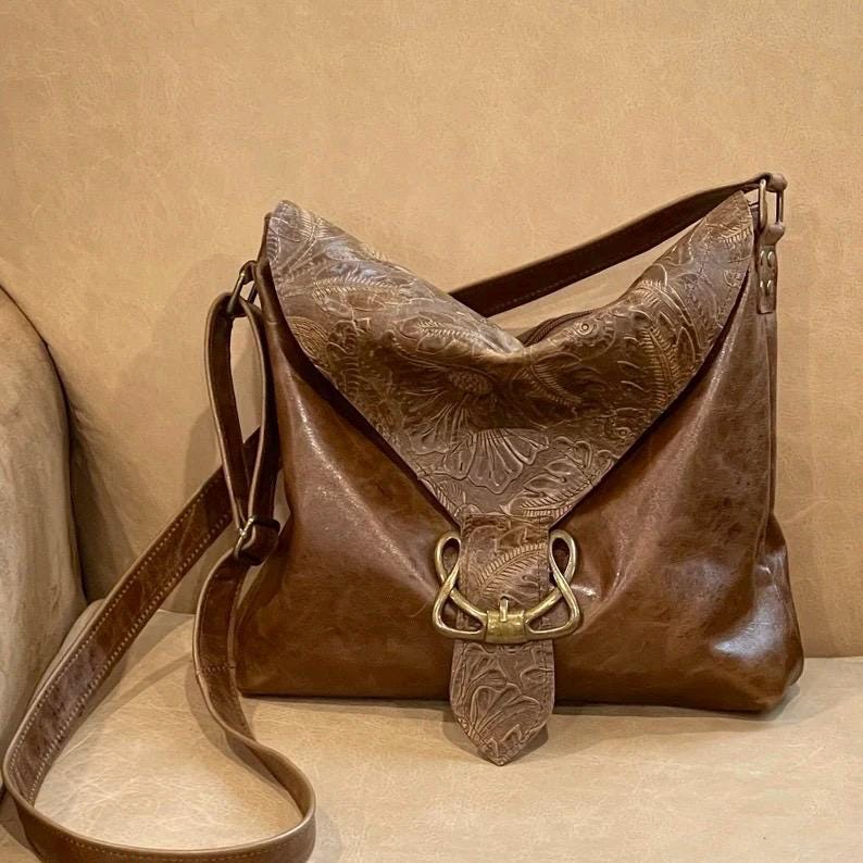 Tooled Brown Celtic Buckle leather crossbody with flap