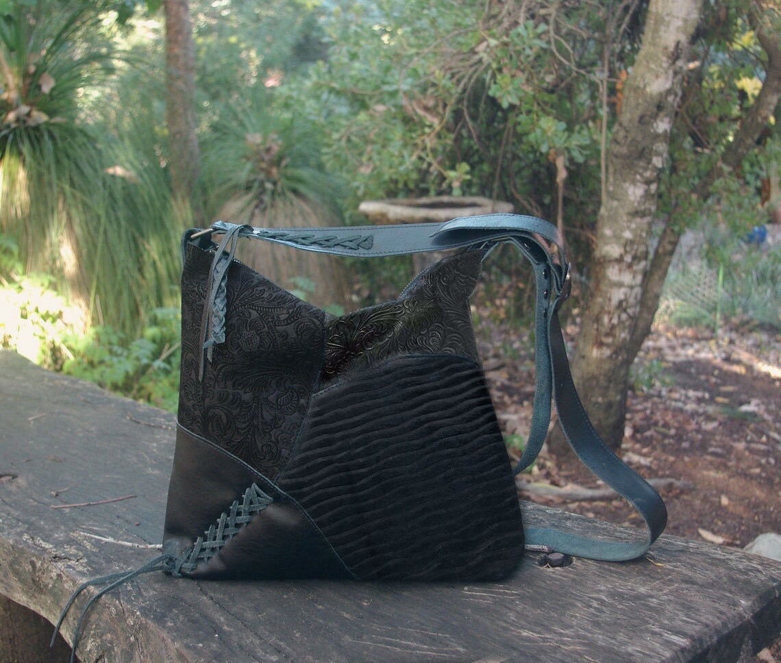 Black Tooled leather crossbody, Boheme artisan leather Bag