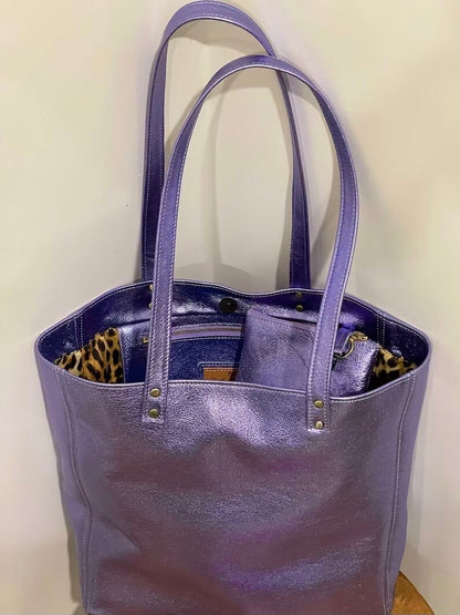 Large Lavender Lilac Metallic Leather Tote