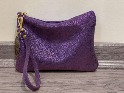 Purple Metallic leather wristlet with purple metallic print