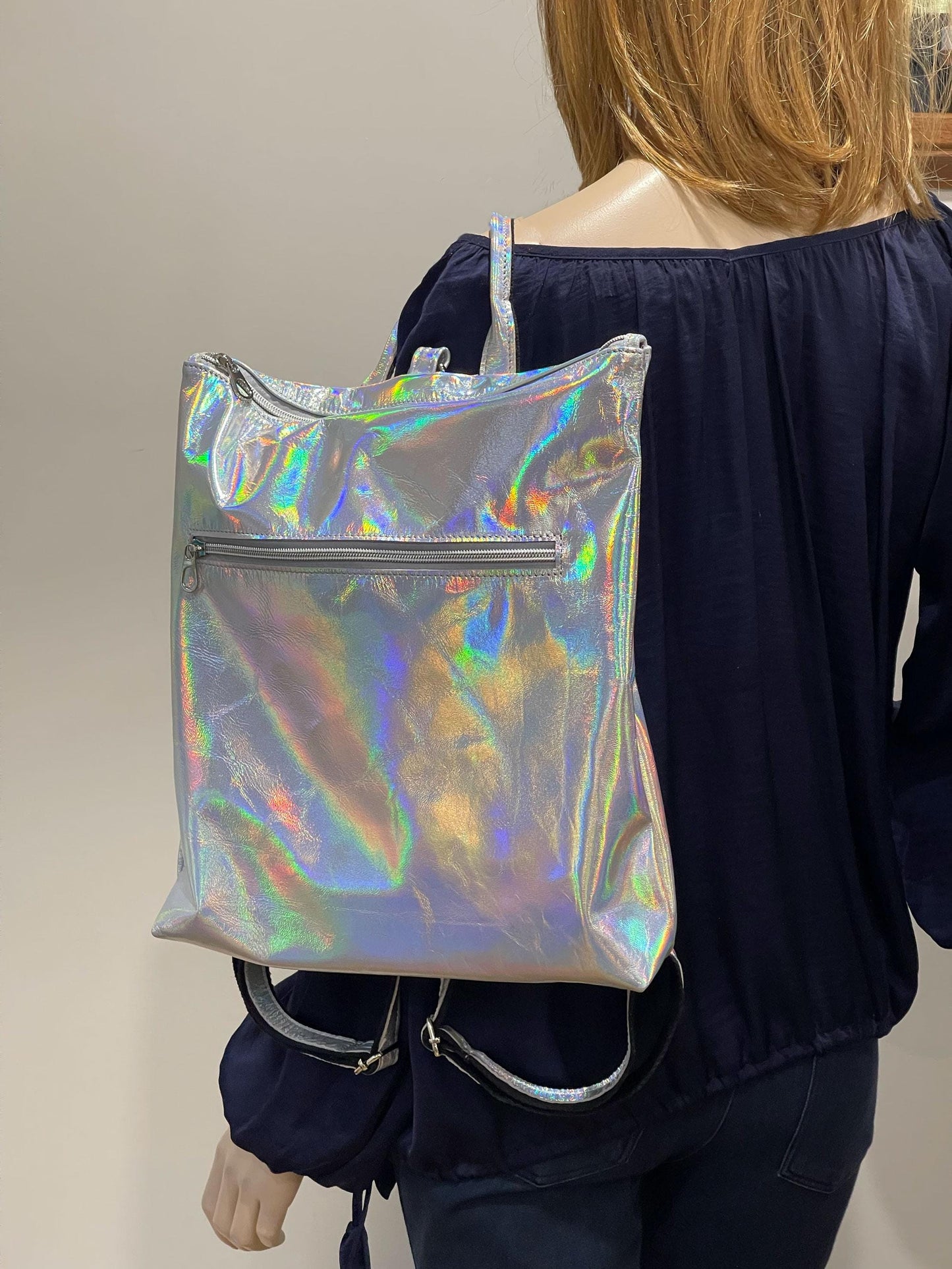Holographic Silver leather backpack and tote