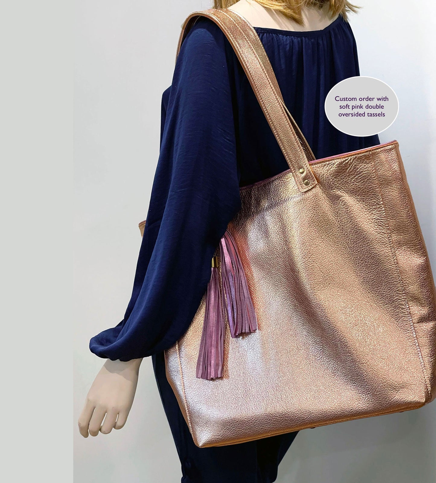 Metallic Peach Rose Gold Leather Tote, free zip purse