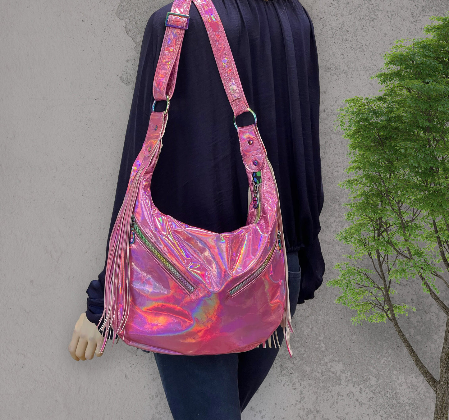 Holographic Pink Leather Hobo, Italian pink leather