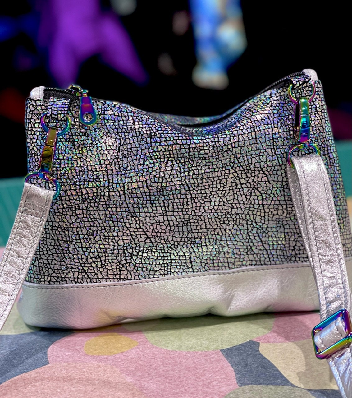 Holographic Iridescent crossbody bag, soft smooth leather