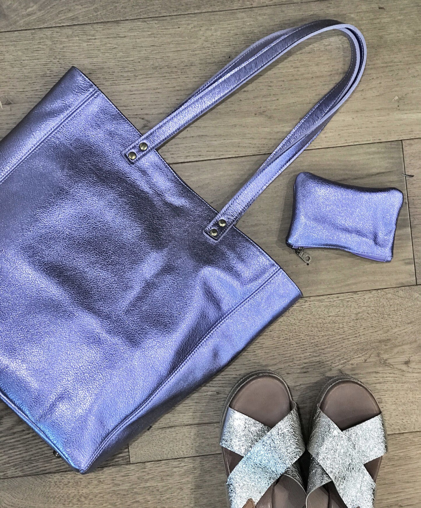 Large Lavender Lilac Metallic Leather Tote