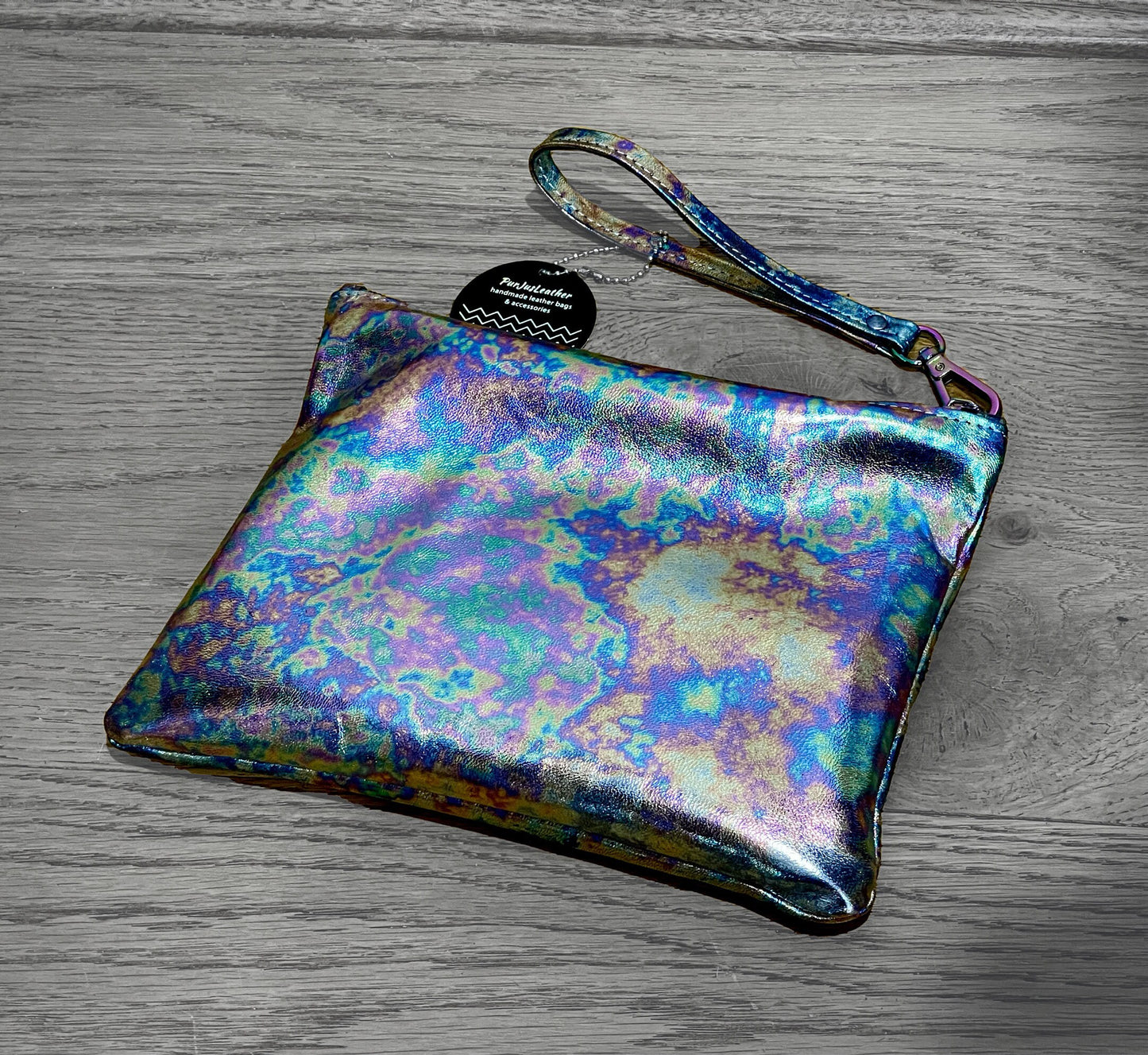 Metallic Oil slick Leather Zipper Wristlet or crossbody