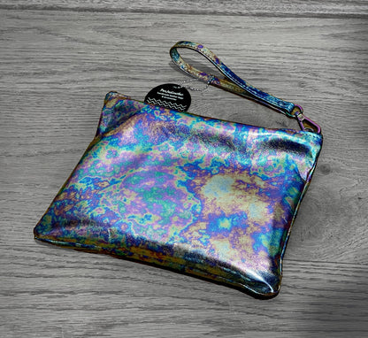 Metallic Oil slick Leather Zipper Wristlet or crossbody