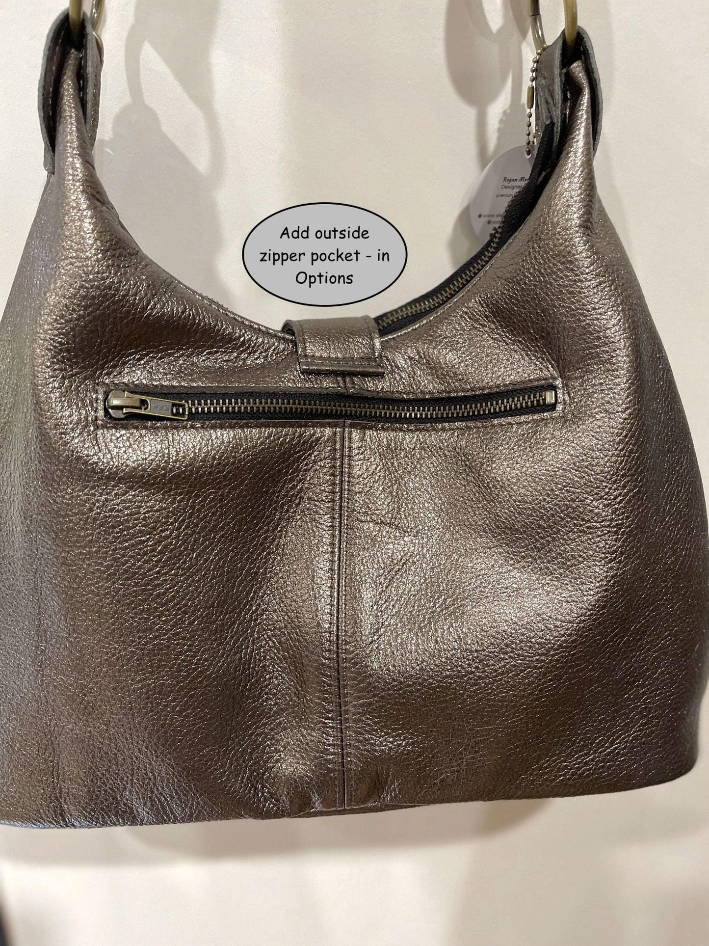 Metallic Purple Soft Italian Hobo, fine florentine design on surface, zip pockets