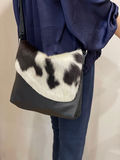 Black white Cowhide Leather Crossbody