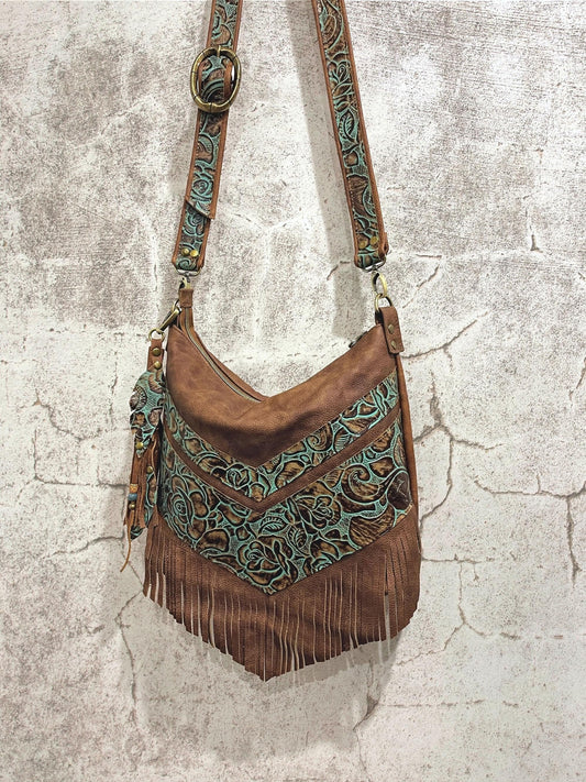 Tooled turquoise and brown Leather Fringe Bag