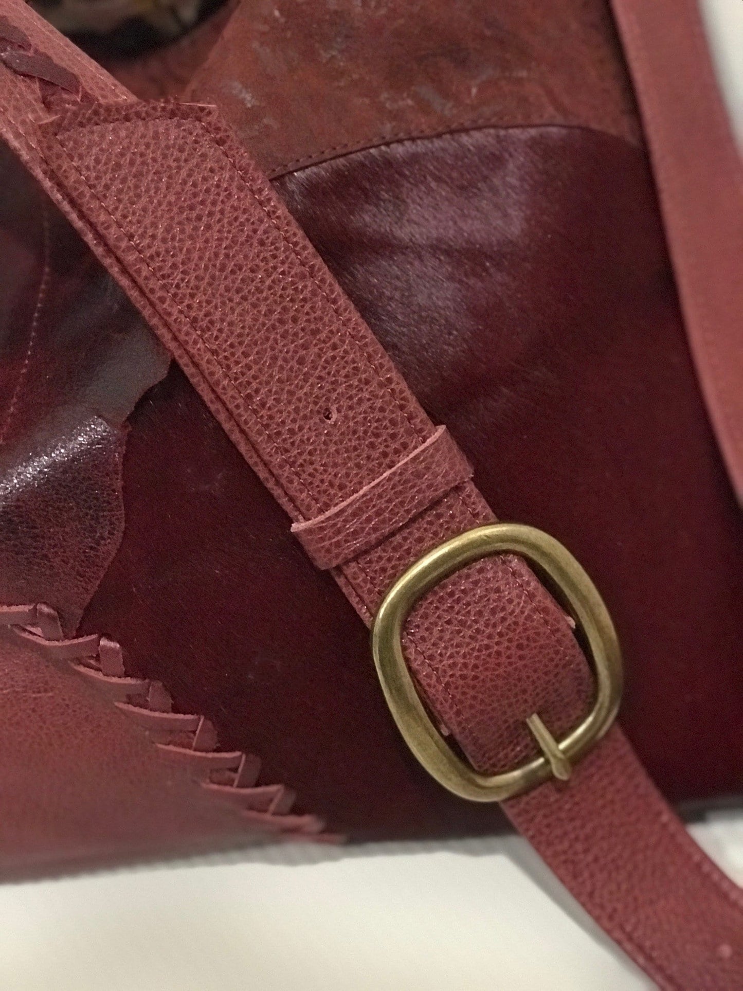Burgundy vintage cowhide leather crossbody