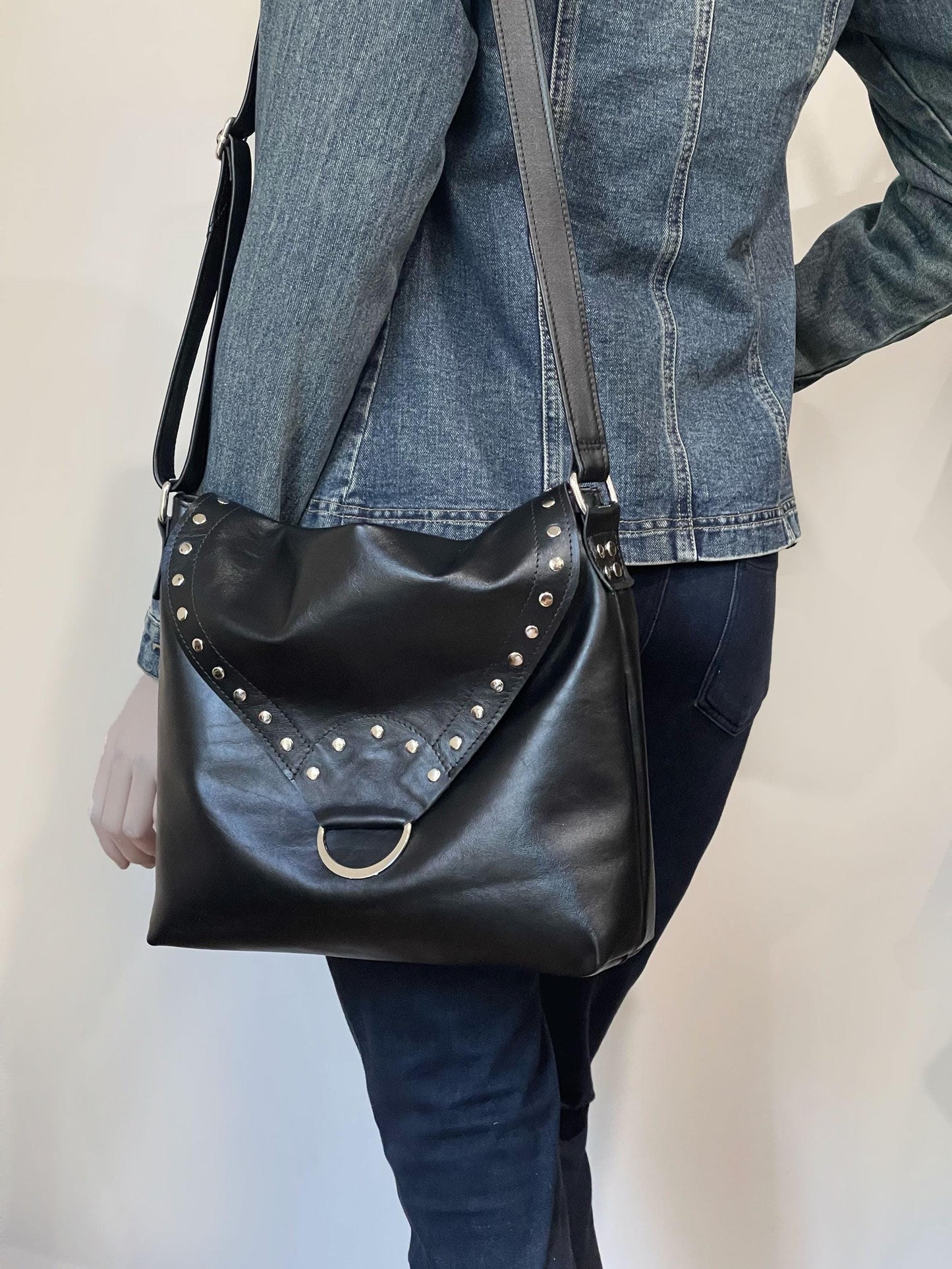 Black leather Crossbody with rivets