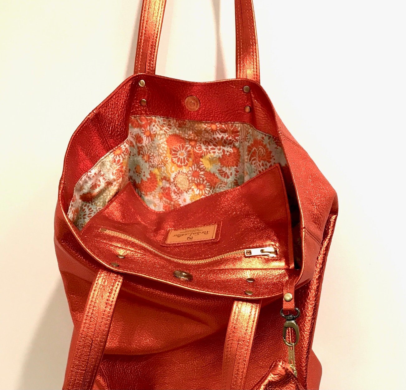 Large Mango Orange Metallic Leather Tote