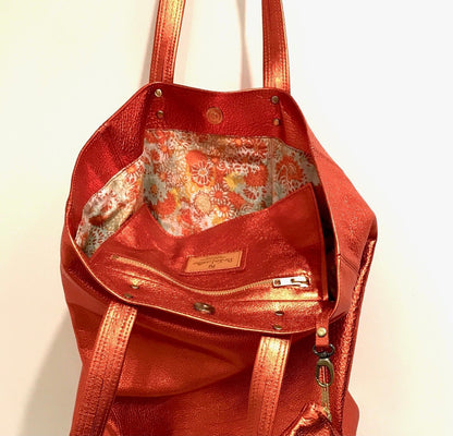Large Mango Orange Metallic Leather Tote