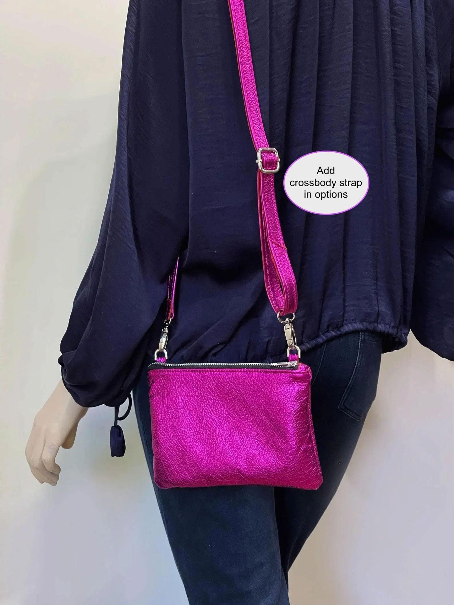 Purple Metallic leather wristlet with purple metallic print