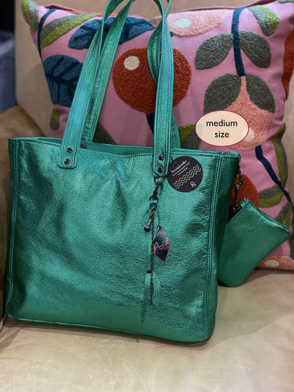 Emerald Green Metallic Leather Tote, zipper pocket and free leather purse