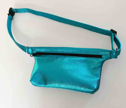 Metallic turquoise Leather waist bag, Soft pebble leather