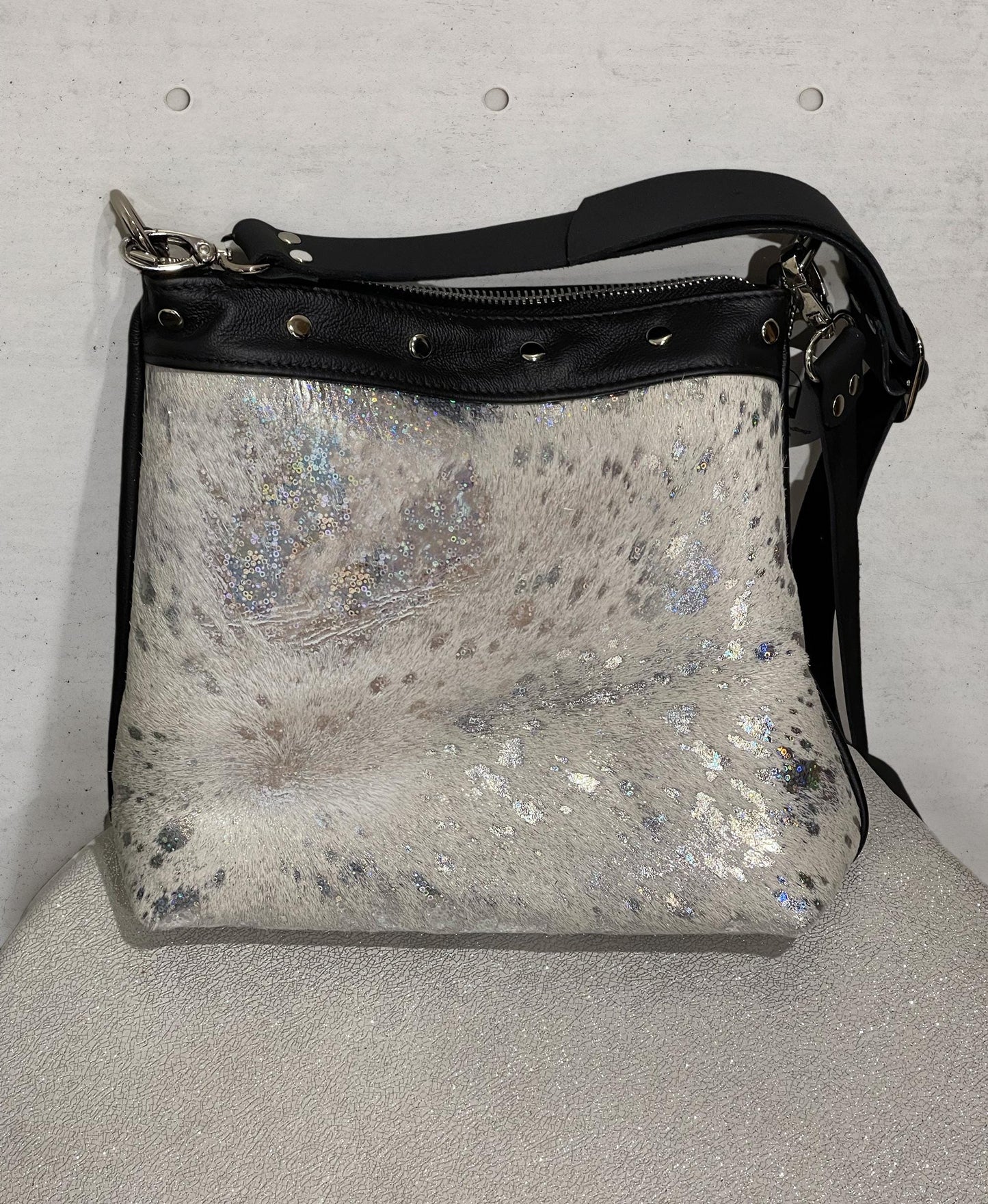 Acid wash Iridescent holographic cowhide and black leather bag