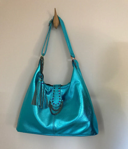 Rainbow hardware Metallic turquoise Italian Hobo, 2 sizes
