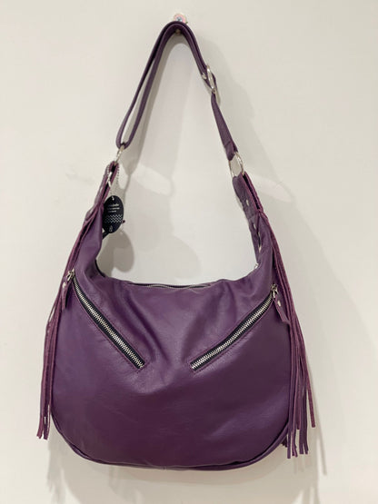 Purple leather Hobo, premium soft double layer leather fringe