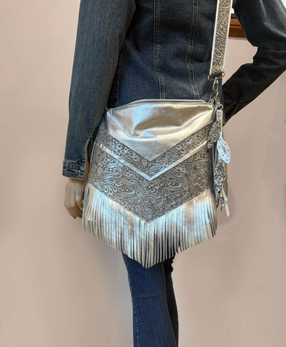 Metallic silver Leather Fringe Hobo Bag with featured tooled leather