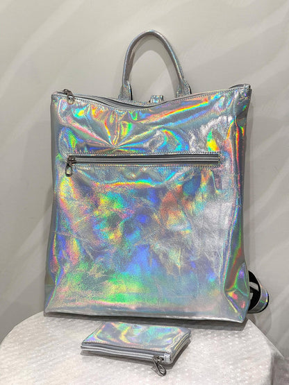 Holographic Silver leather backpack and tote