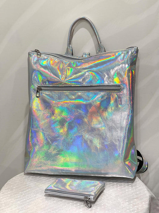 Holographic Silver leather backpack and tote